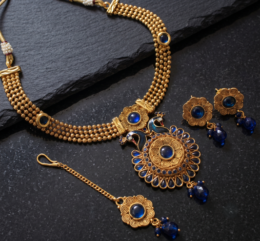 Antique gold tone blue peacock necklace set-dj04179
