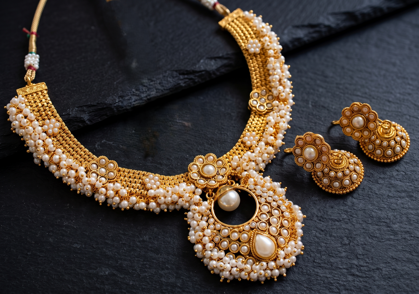 Antique gold tone pearl bali necklace set-dj04186