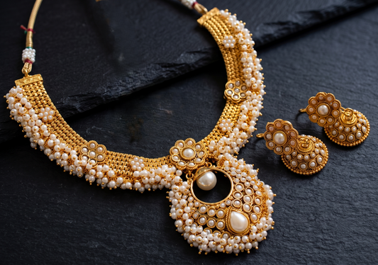 Antique gold tone pearl bali necklace set-dj04186