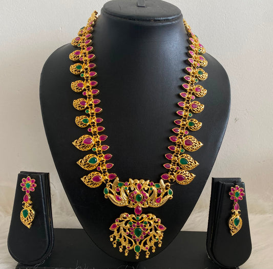 Gold tone ruby-green peacock necklace set dj-04200