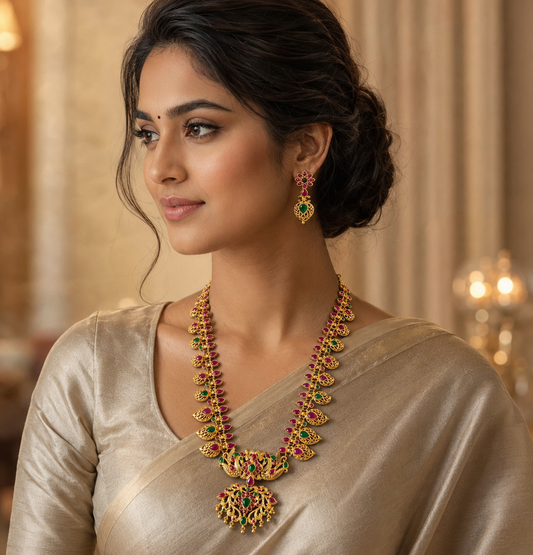 Gold tone ruby-green peacock necklace set dj-04200