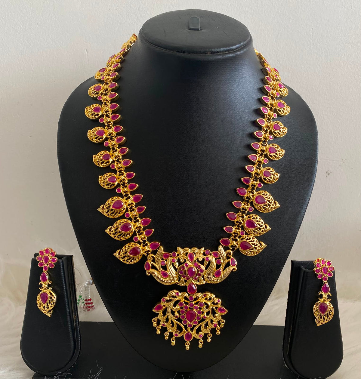 Gold tone Ruby peacock necklace set dj-04201