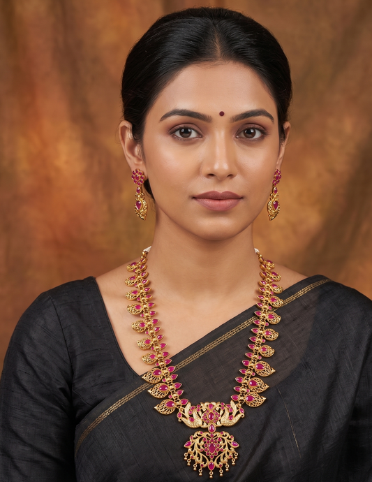 Gold tone Ruby peacock necklace set dj-04201