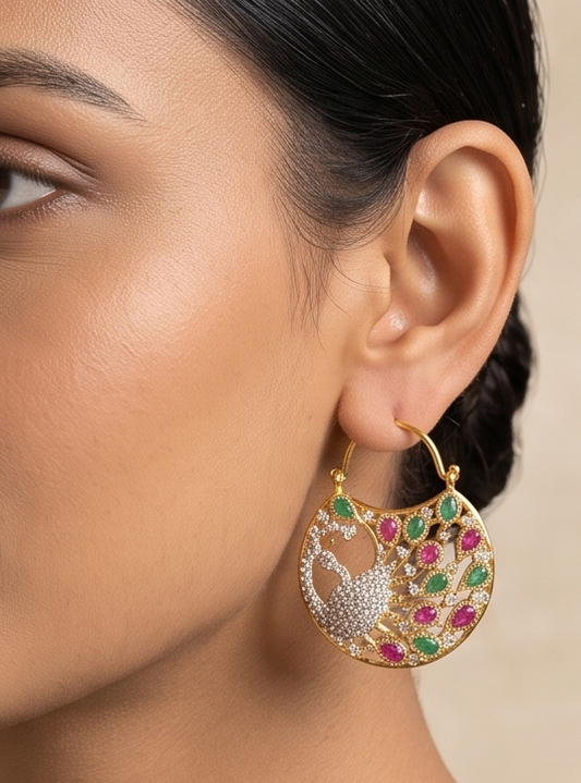Gold tone cz ruby-green peacock bali hoop earrings DJ04257