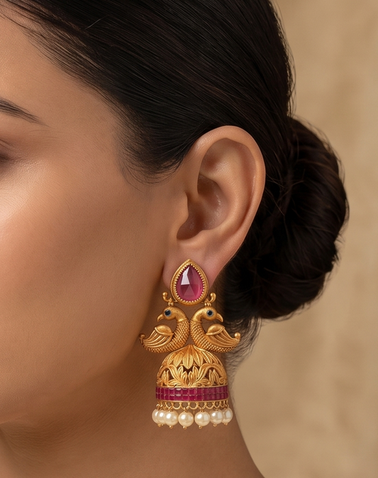Matte Finish Ruby pearl Peacock Jhumkka-dj04287