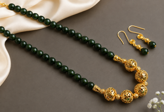 Antique gold tone Green Beaded Necklace Set-dj04288