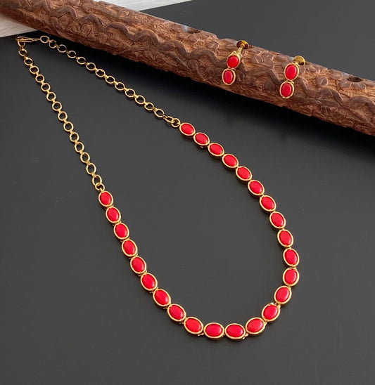 Antique gold tone coral oval stone necklace set dj-54082