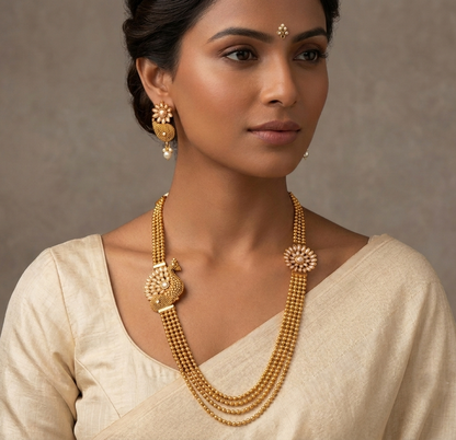 Antique Pearl Peacock Mugappu Multilayer Necklace Set-dj04359