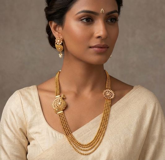 Antique Pearl Peacock Mugappu Multilayer Necklace Set-dj04359