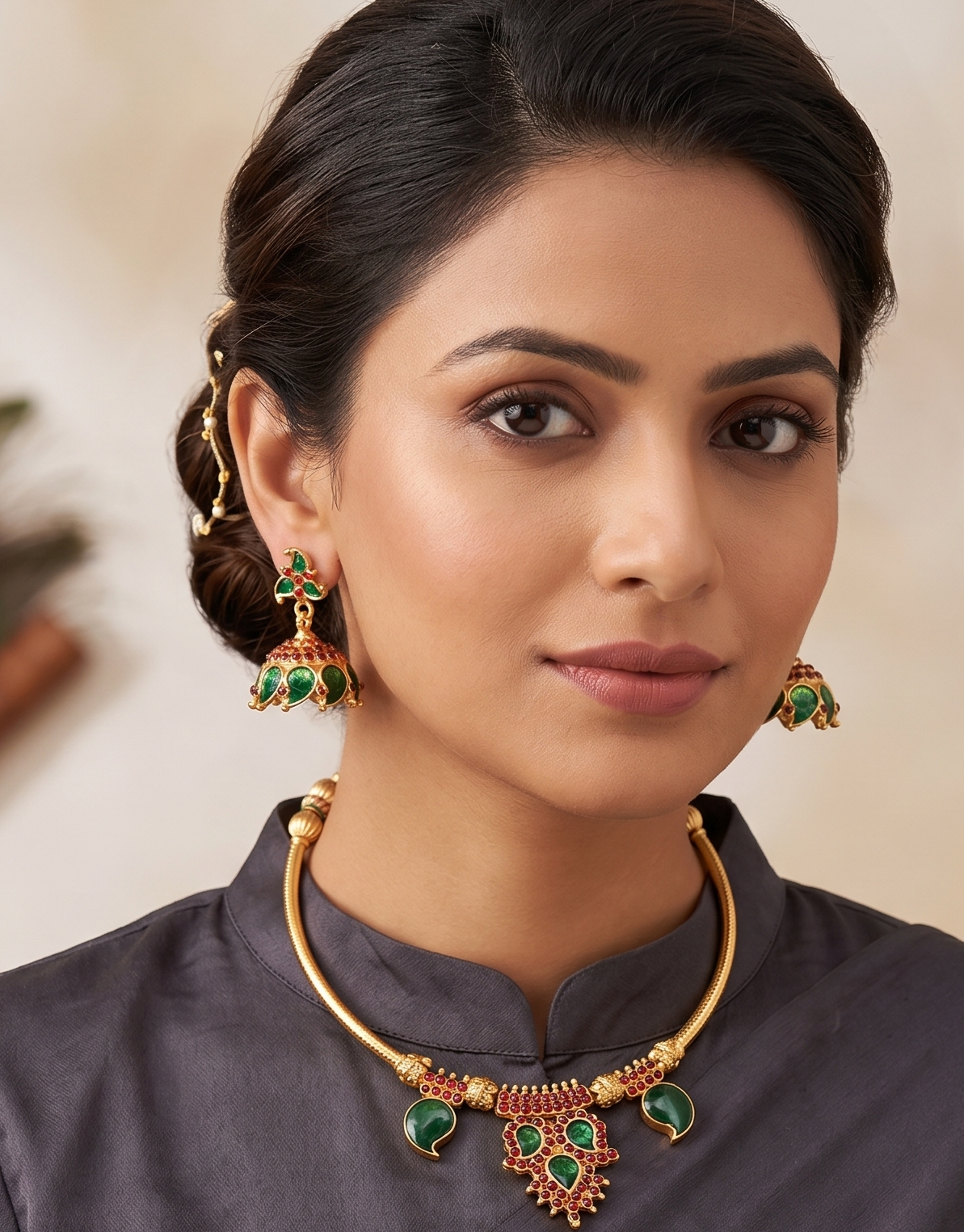 Gold tone handmade Green Palakka Hasli Necklace Set dj-04372