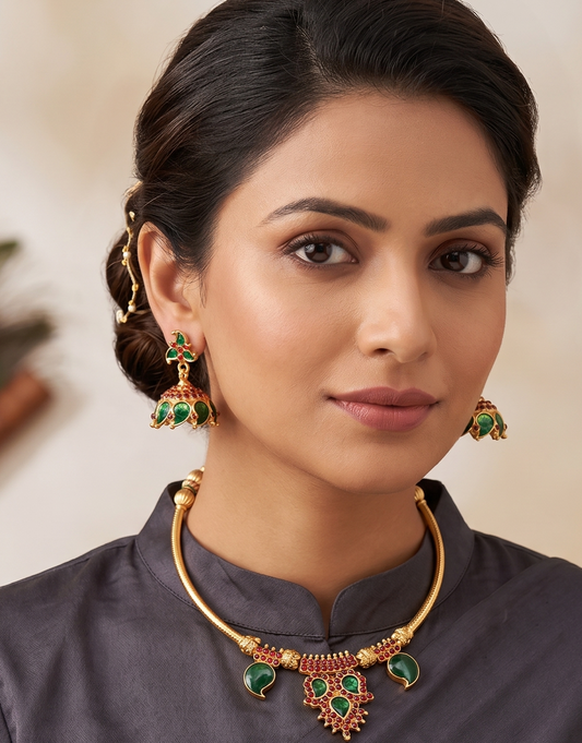 Gold tone handmade Green Palakka Hasli Necklace Set dj-04372