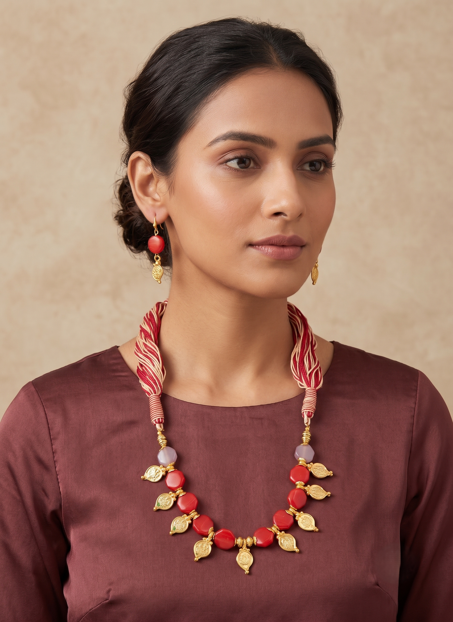 Gold tone lakshmi coin red-lavender thread necklace set-dj04430