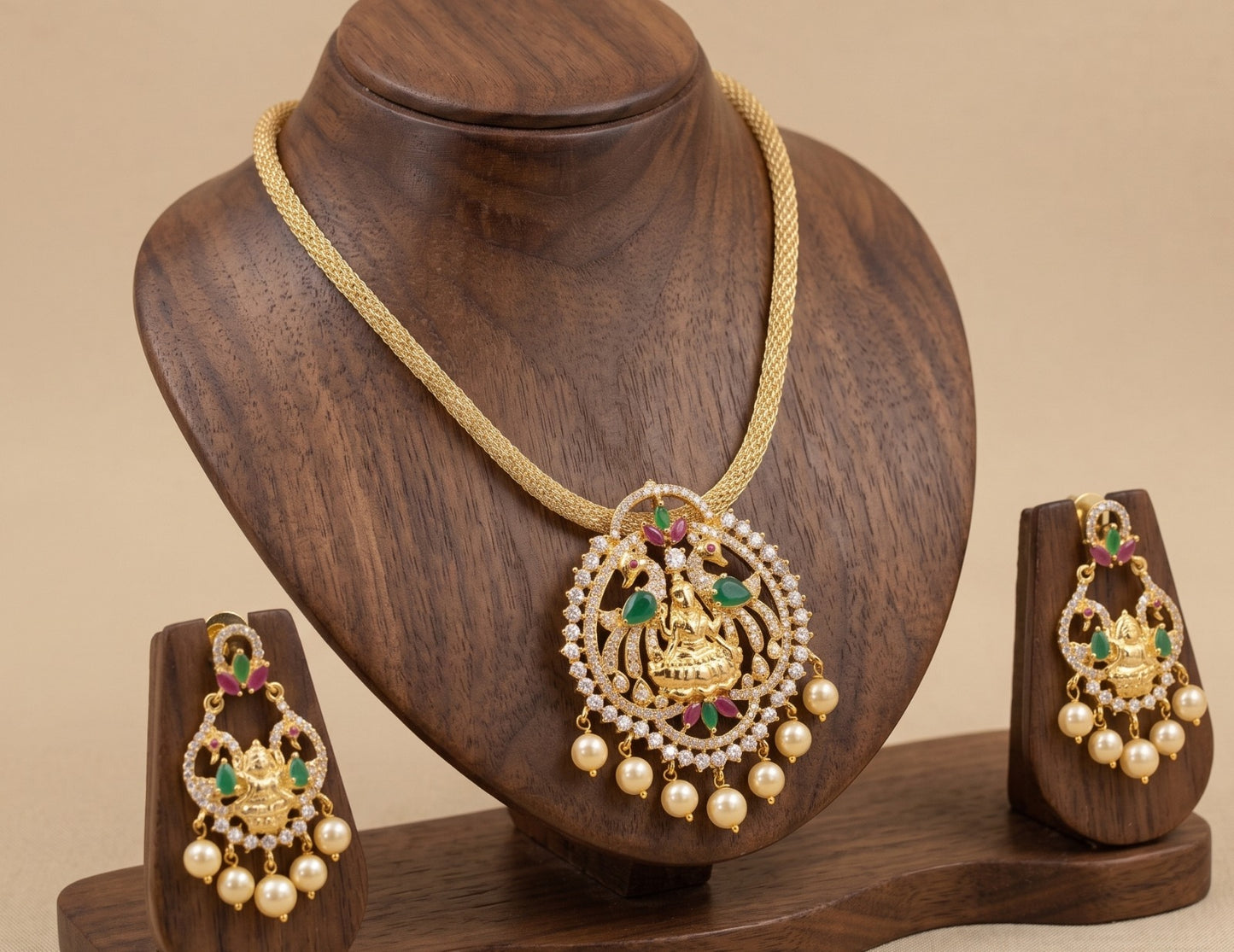 Gold tone Cz Ruby-green Pearl Lakshmi Necklace Set-dj04450