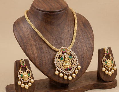 Gold tone Cz Ruby-green Pearl Lakshmi Necklace Set-dj04450