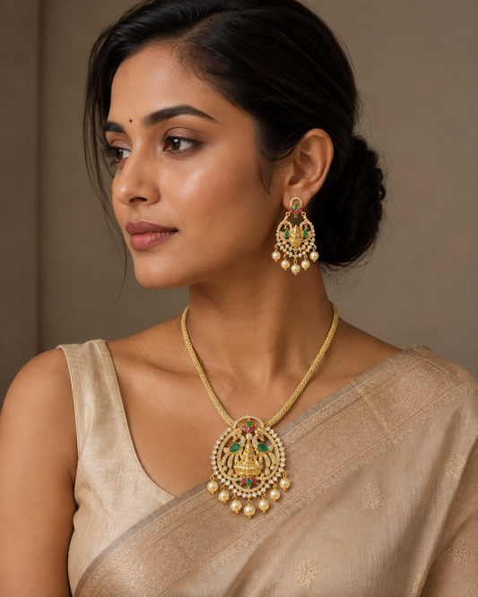 Gold tone Cz Ruby-green Pearl Lakshmi Necklace Set-dj04450
