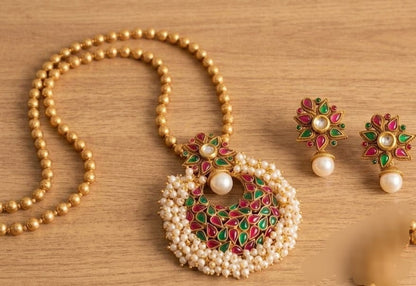 Antique gold tone Kemp-green Pearl Cluster Necklace Set-dj04457