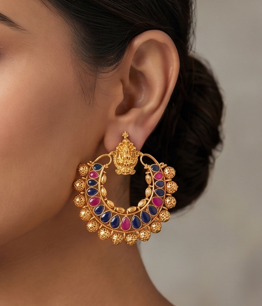 Gold Tone Ruby-blue Lakshmi Bali Earrings-dj04463