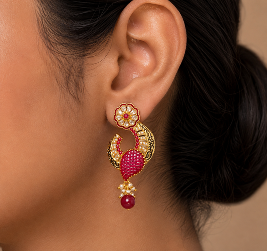 Gold tone AD ruby Flower earrings -dj04477