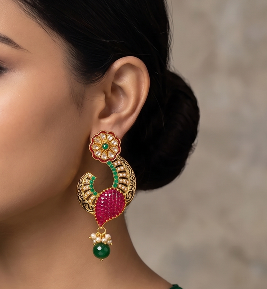 Gold tone AD Ruby-emerald Flower earrings -dj04478
