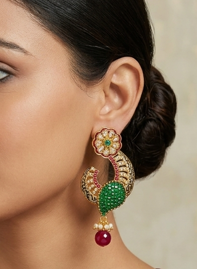 Gold tone AD Emerald-ruby Flower earrings-dj04479