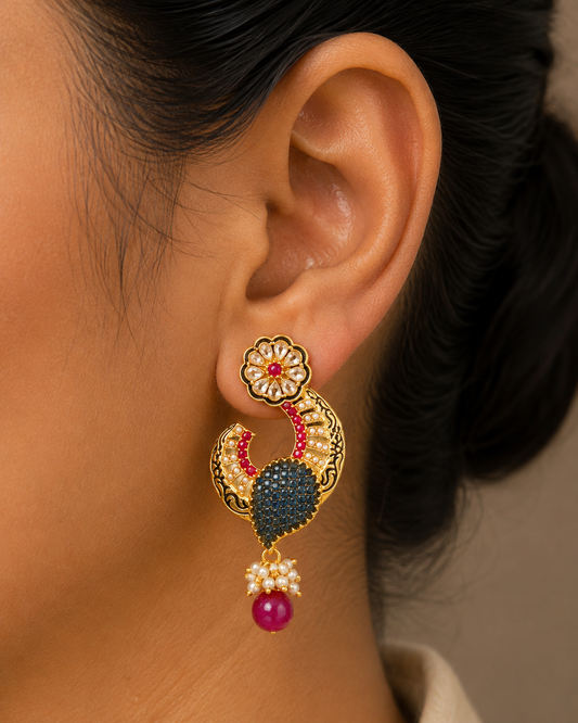 Gold tone AD Pink-blue Flower earrings-dj04480