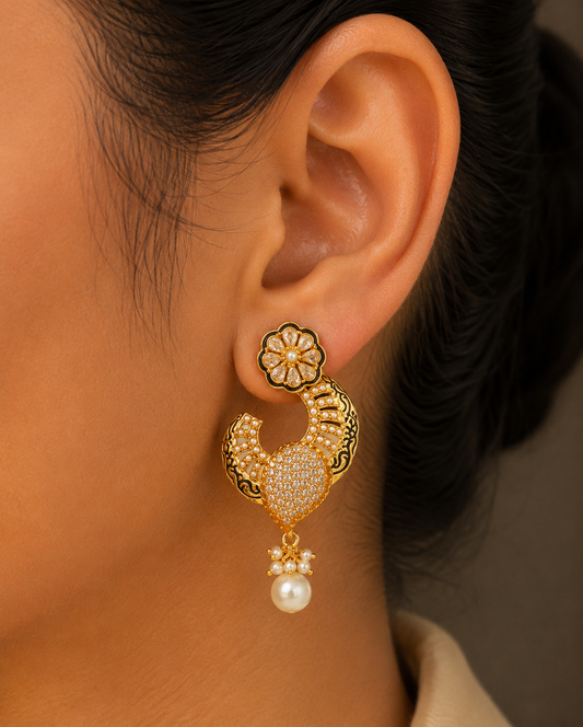 Gold tone AD Pearl-white Flower earrings-dj04481