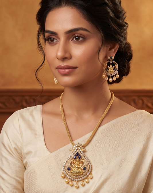 Gold tone Cz-blue Pearl Lakshmi Necklace Set -dj04485