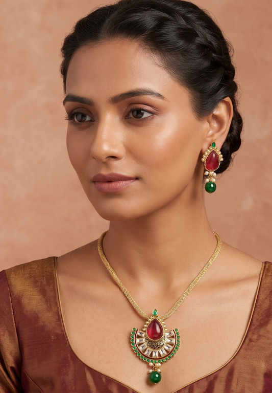 Gold tone Polki Red-green Pendant Necklace Set -dj04488