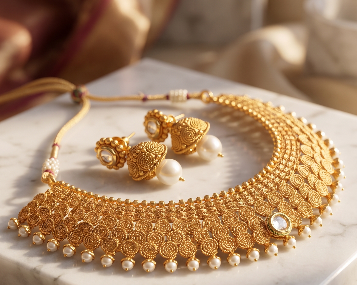 Antique gold tone pearl Kundan Choker Necklace Set-dj04497