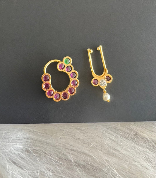 Gold tone precious kemp-green-white nathu-bulakku(nose pin) dj-51264