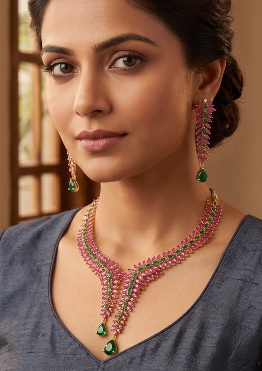 Gold tone ruby-emerald necklace set dj-04517