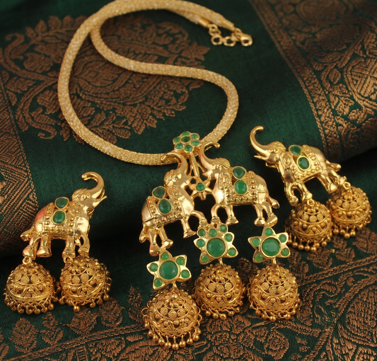 Antique gold tone Emerald Elephant Necklace Set-dj04520