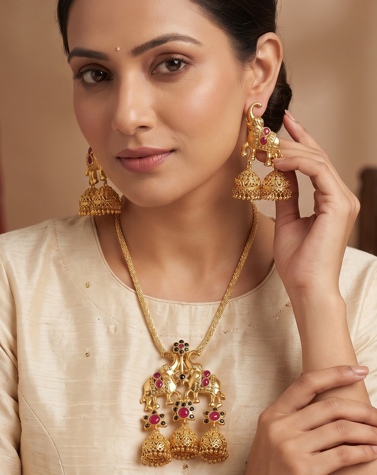 Antique gold tone Royal Ruby-black Elephant Necklace Set-dj04522