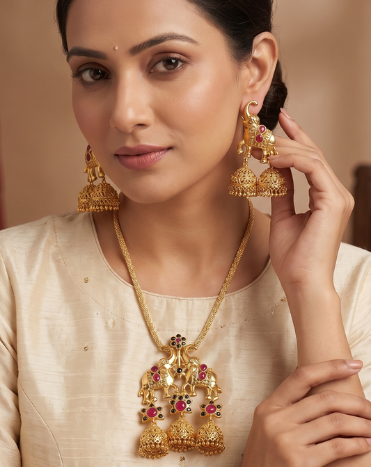 Antique gold tone Royal Ruby-black Elephant Necklace Set-dj04522