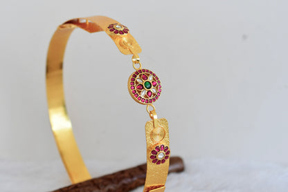 Gold tone pink-green-white kundan jadau flower waist band dj-50859