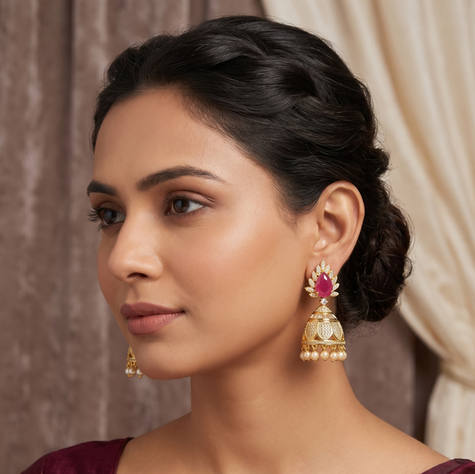 Gold tone Cz-ruby pearl Jhumkka-dj04579