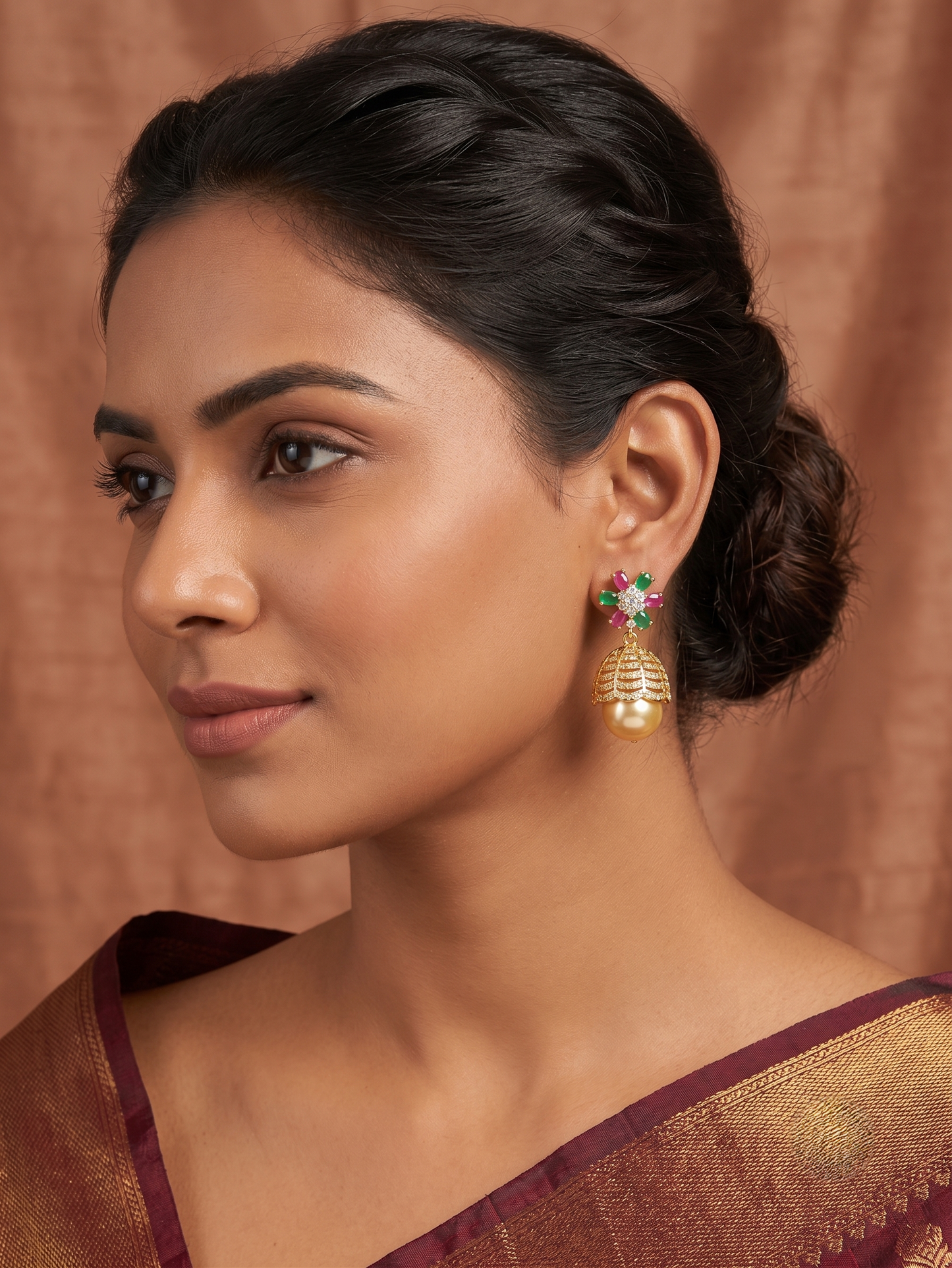 Gold tone Cz-ruby-emerald flower pearl Jhumkka-dj04582