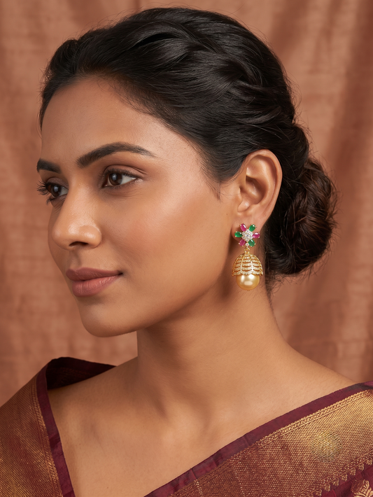 Gold tone Cz-ruby-emerald flower pearl Jhumkka-dj04582