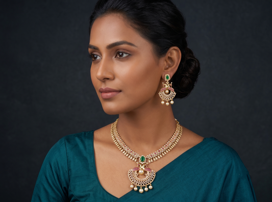 Gold tone cz ruby-emerald peacock necklace set dj-04599