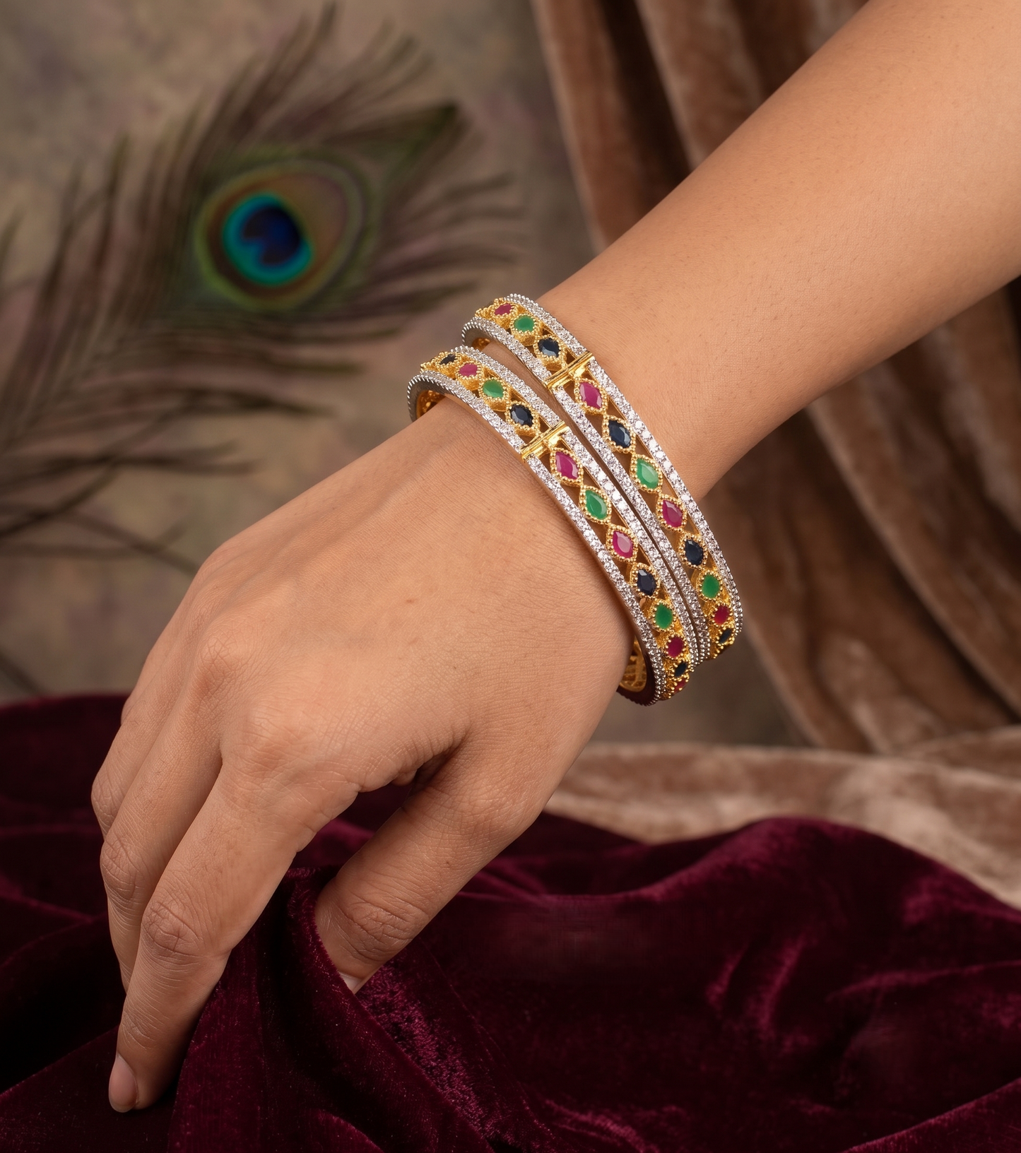 Gold Tone Cz Multicolour Open Type Bangles (2.4) dj04620