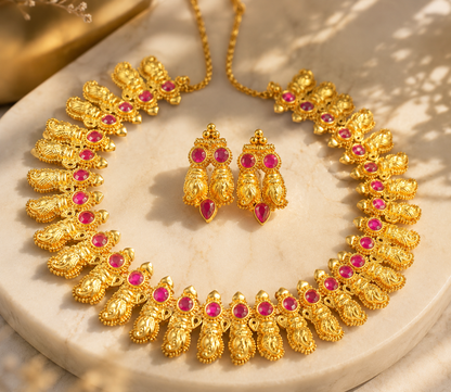 Gold Tone Shanku Ruby Necklace Set-dj04633