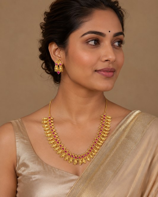 Gold Tone Shanku Ruby Necklace Set-dj04633
