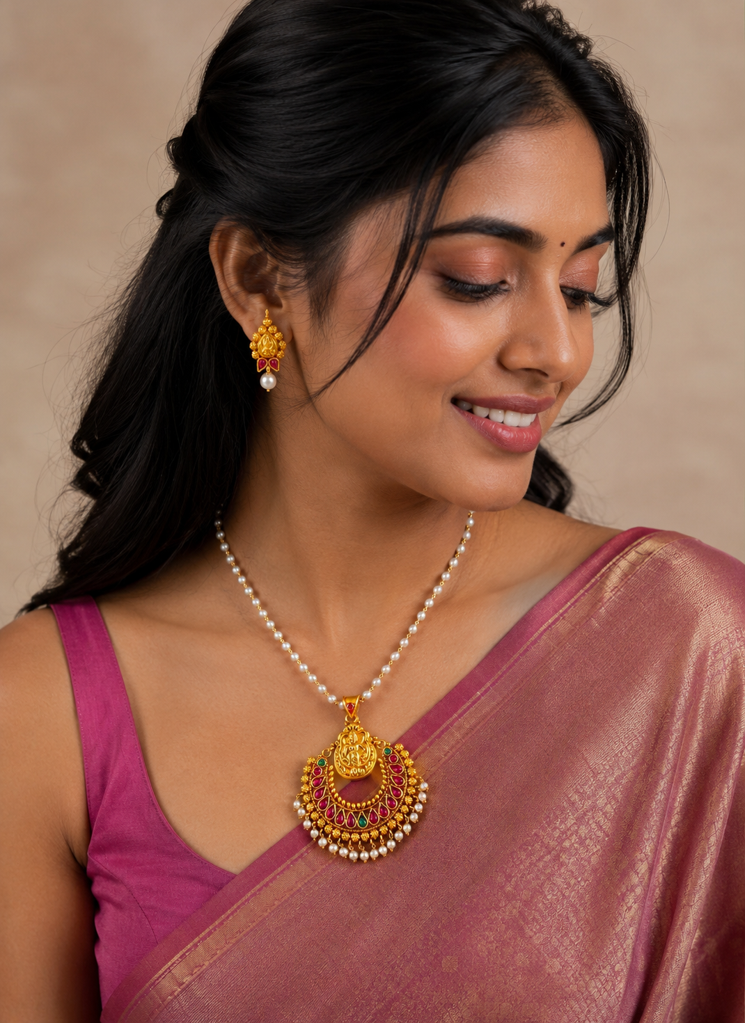 Divine Antique Gold Kemp-green Lakshmi Bali Necklace Set-dj04638