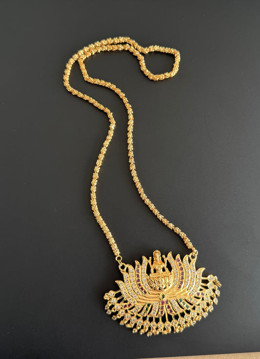 Gold tone ruby-white-green stone Lakshmi Lotus pendant with chain dj-38640