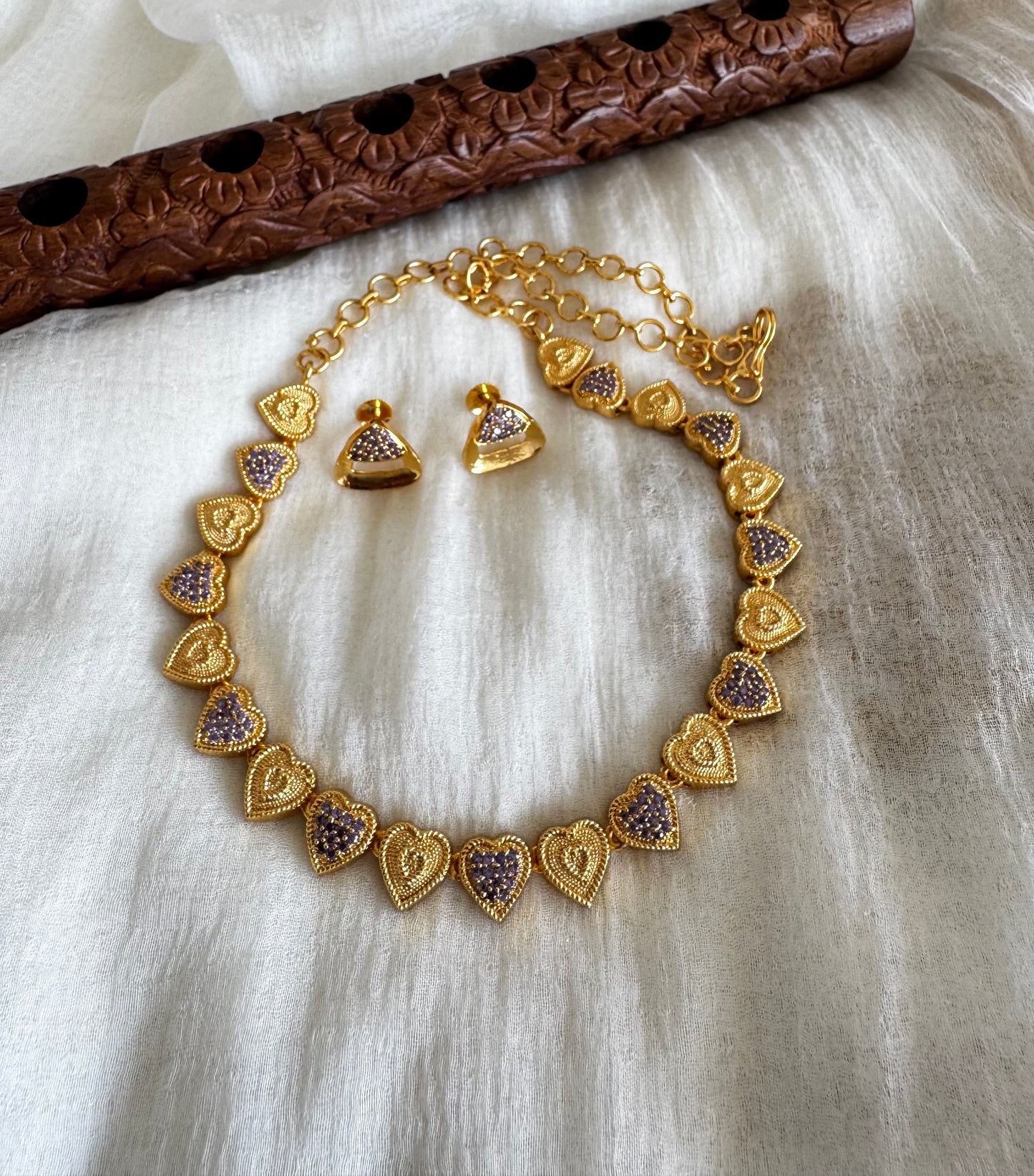 Gold tone cz purple heart necklace set dj-52629