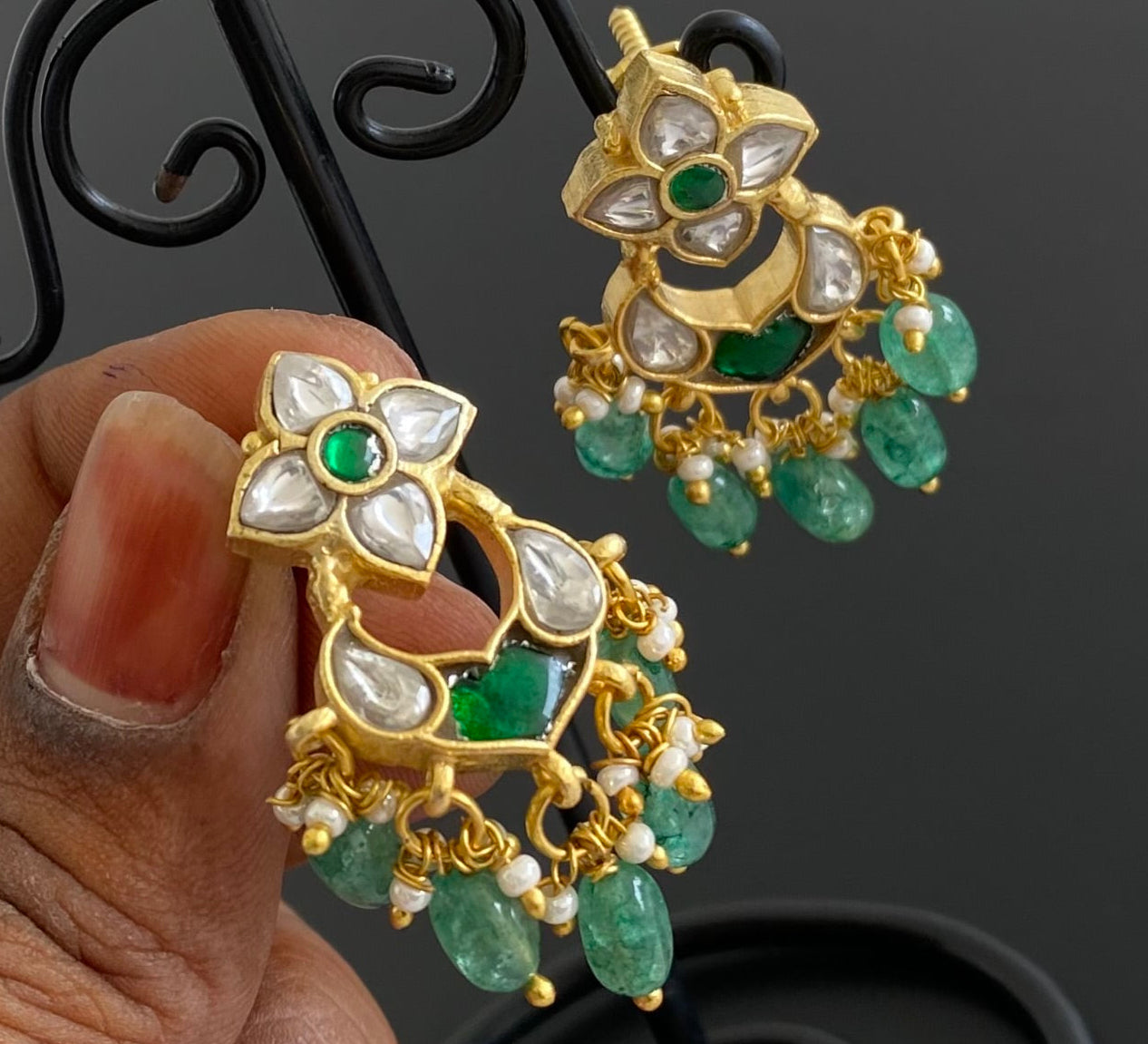 Gold tone white-green stone green beaded kundan jadau bali earrings dj-53558