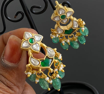 Gold tone white-green stone green beaded kundan jadau bali earrings dj-53558