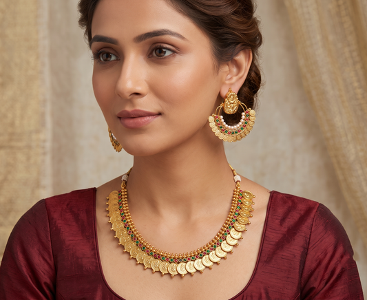 Antique Lakshmi coin kemp-green necklace with bali earrings dj-04753