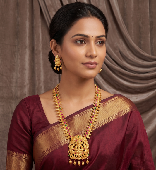 Gold tone ruby-emerald Lakshmi necklace set- DJ04759