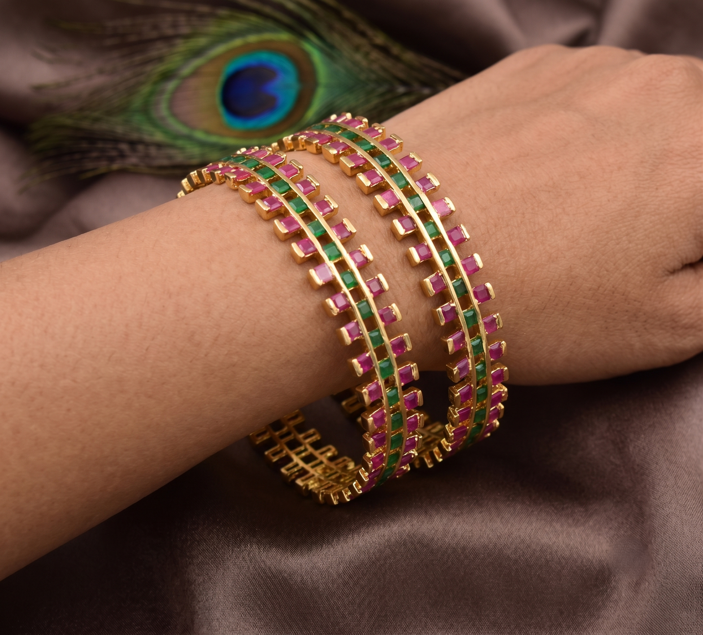 Gold tone ruby-emerald square stone bangles (2.4) dj-04775